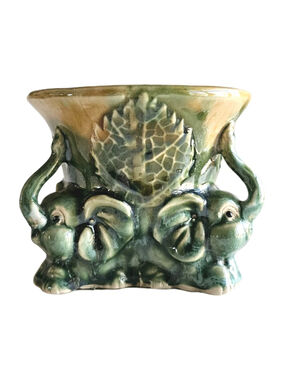 Vintage Japanese Majolica-Style Triple Elephant Planter - Mid-Century Modern